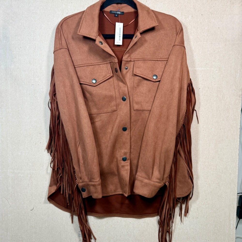 Papermoon Tenley Fringe Jacket Chocolate Brown Faux Suede Western Shacket Small‎